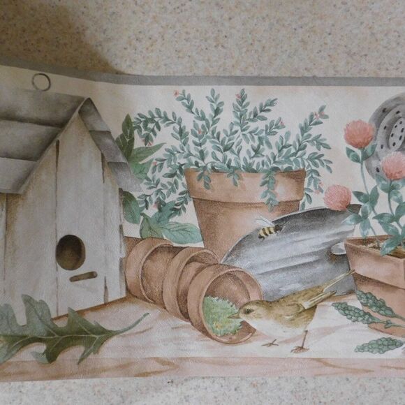 VTG Cottagecore Wallpaper Border Flower Pots Bird Feeder Birds 15 Yards - Picture 2 of 6